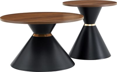 Ronde Salontafel Set van 2 - Walnoot Look en Zwart Metaal - Ruimtebesparend - Woonkamer