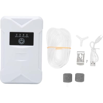 Pompe à oxygène pour aquarium silencieuse rechargeable par USB 2 modes d'alimentation double sortie aquarium portable white