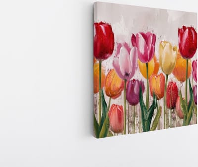 Saammp Canvas Schilderij - Schilderij van Kleurrijke Tulpen - Natuur - Abstract - 20x20 - Foto op canvas - Wanddecoratie - Muurdecoratie Woonkamer - Kantoor Decoratie