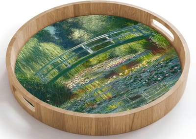 Dienblad rond 40x40 cm - Schootdienblad hout - Brug - Hout - Vijver - Waterlelies - Borrelplank rechthoek - Plateau houten dienbladen