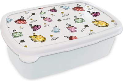 Broodtrommel Wit - Lunchbox - Brooddoos - Thee - Patronen - Kopjes - 18x12x6 cm - Volwassenen
