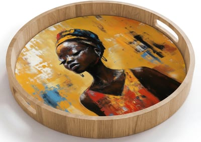 Dienblad rond 40x40 cm - Schootdienblad hout - Vrouw - Ogen - Penseelstreken - Geel - Borrelplank rechthoek - Plateau houten dienbladen