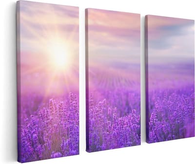 Artaza Canvas Schilderij Drieluik Bloemenveld Met Paarse Lavendel  - 120x80 - Foto Op Canvas - Canvas Print