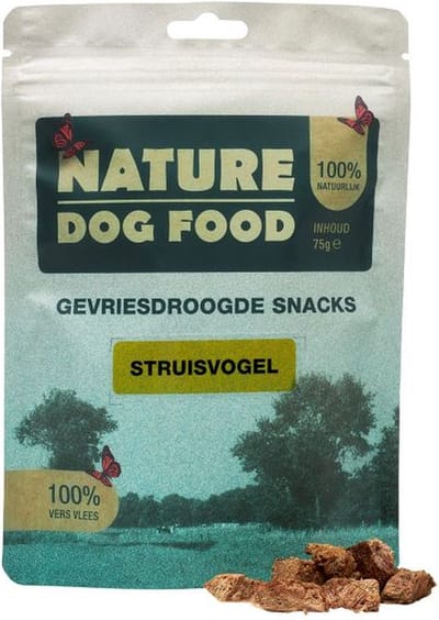 Nature dog food gevriesdroogde snacks struisvogel
