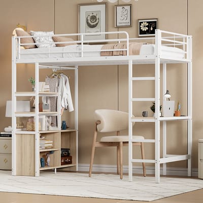 Wishdor Metalen Hoogslaper met Bureau & Opbergruimte (90x200 cm) - Tienerbed incl. Stopcontact & USB - EN747 Veiligheid - Wit
