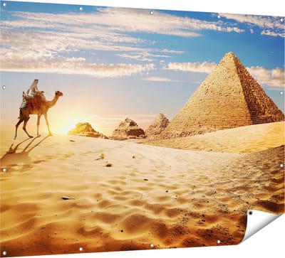 Gards Tuinposter Egyptische Piramides met een Kameel - 160x120 cm - Tuindoek - Tuindecoratie - Wanddecoratie buiten - Tuinschilderij