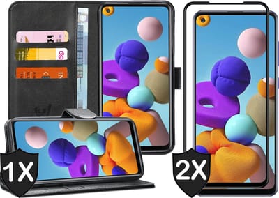 Hoesje geschikt voor Samsung Galaxy A21s - 2x Screen Protector FullGuard - Book Case Kunstleer Pasjeshouder Zwart & Screenprotector
