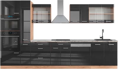 Vicco R-Line Complete keukeneenheid – 350 cm met hoge kast, WB Marmer Antraciet hoogglans/goud eiken
