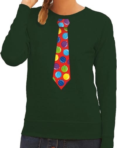 Foute kersttrui / sweater stropdas met kerstballen print groen voor dames XS