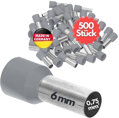 500 stuks Kalitec AE07506GR adereindhulzen geïsoleerd 0,75 mm² 6 mm lang grijs I Made in Germany I Industriële kwaliteit