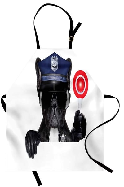 ABAKUHAUS politie-kookschort, hond en mop dragen een bril, duim omhoog, met sirenes, kunst geïnspireerd op verkeerspolitie, kleurvast, in hoogte verstelbaar, wasbaar, duidelijke digitale druk, zwart en blauw