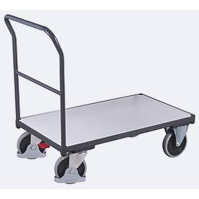 ESD duwbeugelwagen, staal/spaanplaat, grafietgrijs/lichtgrijs, L 880 x B 500 mm, met dwarsbeugel, TPE-wielen met EasySTOP, tot 400 kg