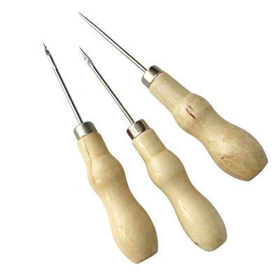 Lichtgeel metalen punch needle set met houten handvat 3 delig handwerk gereedschap met fijne punt en ergonomische grip voor borduren en leerbewerking