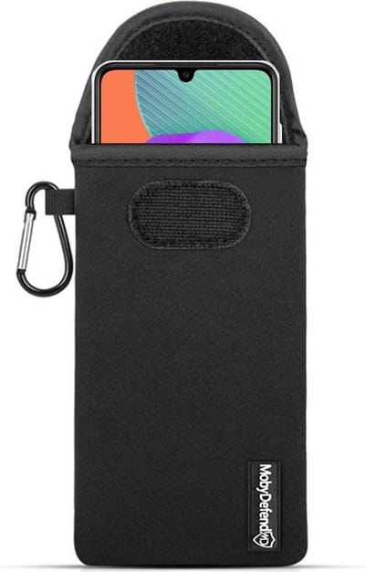 MobyDefend Hoesje - Geschikt voor Samsung Galaxy M22 / Galaxy A22 4G - Neopreen Pouch Met Karabijnhaak - Insteek - Riemlus - Zwart