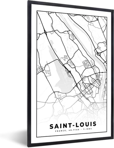 Fotolijst incl. Poster Zwart Wit- Stadskaart - Plattegrond - Saint-Louis - Kaart - Frankrijk - Zwart wit - 40x60 cm - Posterlijst