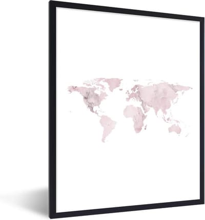 Poster in lijst - Fotolijst 30x40 cm - Posters - Wereldkaart - Aquarelverf - Roze - Posterlijst zwart - Decoratie - Wanddecoratie woonkamer - Muurdecoratie slaapkamer
