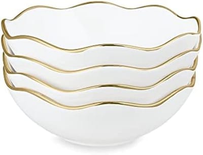 PromoHome 4-delige Witte Serveerkommen Set met Gouden Rand - Keramische Dessert- en Saladekommen