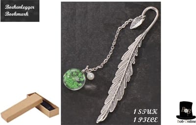 Bob Online ™ - 1 Stuk – Silverkleurig – Groen Bloem & Parel Hanger – Metaal Veer Bladwijzer – Boekenlegger Veer – Metaal Veer Boekenlegger met Bloem Hanger – 1 Piece – Silver Color Metal – Feather Bookmark with Green Flower Pendant & Pearl