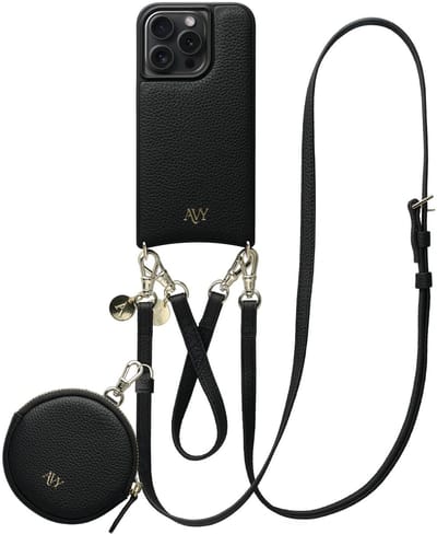 AVY Leren Hoesje geschikt voor Apple iPhone 15 Pro | Met Koord en Mini Telefoontasje | Compatibel met MagSafe | Leather Case met 30CM & 130CM Koord & Pouch | Leather Set | Zwart