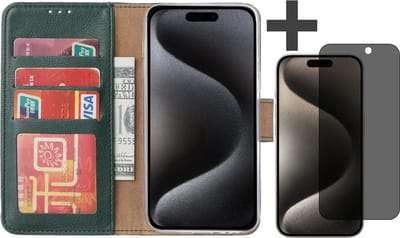 Hoesje met Privacy Screenprotector Geschikt voor iPhone 15 Pro – Arara bookcase met pasjeshouder - Groen