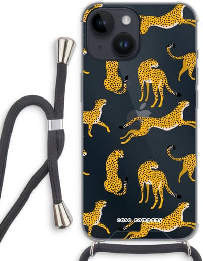 Case Company® - Hoesje met koord geschikt voor iPhone 14 hoesje met Koord - Luipaard - Telefoonhoesje met Zwart Koord - Bescherming aan alle Kanten en Over de Schermrand
