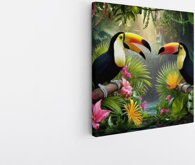 Saammp Canvas Schilderij - Abstracte Toekans - Dieren - Bloemen - 20x20 - Foto op canvas - Wanddecoratie - muurdecoratie Woonkamer - Slaapkamer decoratie - Canvas Print
