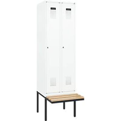 C+P Evolo Plus garderobekast, 2 vakken van elk 300 mm breed, zwevende bank, B 600 x D 815 x H 2120 mm, cilinder, verkeerswit/verkeerswit