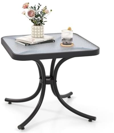 Tuinstafel van Metaal met Glazen Paneel, Weerbestendig en Compact voor Balkon, Terras en Tuin, 50 cm, Zwart