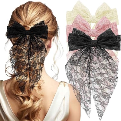 Set van 3 Grote Kanten Haarstrikken met Lange Staarten - Luxe Haarspeld Clips voor Dames en Meisjes