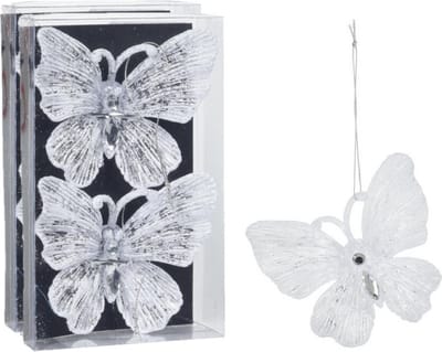 Christmas Decoration kersthangers vlinders - 4x -wit glitter - 15 cm