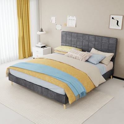 MODFU - Bed - Geruit Hoofdbord - Houten Poten - Moderne Stijl - Slaapkamer - Fluweel - Grijs - 160 x 200 cm