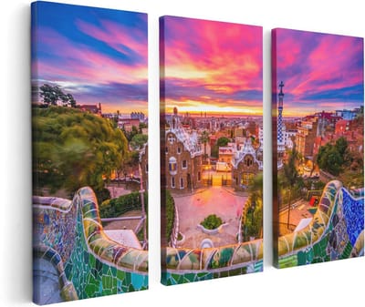 Artaza Canvas Schilderij Drieluik Park Güell Uitzicht op Barcelona - 120x80 - Foto Op Canvas - Canvas Print