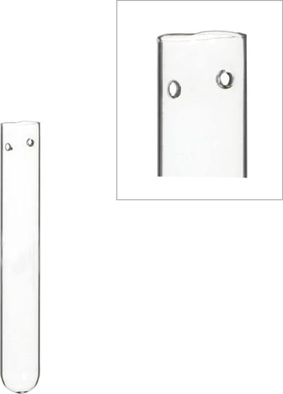 Reageerbuis Glas 1.5cm diameter 15cm hoog, met 2 gaten (set van 12 stuks)
