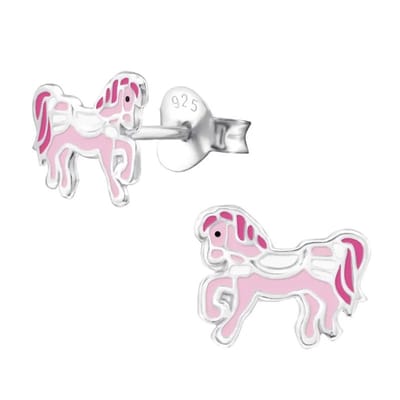 Aramat Jewels | Oorbellen | Schattige Zilveren Paarden Oorbellen – Roze Emaille – 9x7mm | | | |9mm | Zilver | Kinderen | Verkleurd niet