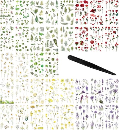 Elegant Bloem Stickers Set van 610 Stuks voor Scrapbooken, Fotoalbums en Creatieve Projecten met Zelfklevende Natuurthema's en Inclusief Pincet