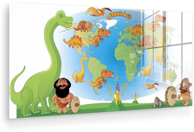 ® Glasschilderij 160x80 cm - Schilderij acrylglas - Wereldkaart Kinderen - Dinosaurus - Vulkaan - Foto op glas - Muurdecoratie woonkamer - Wanddecoratie slaapkamer - Schilderijen