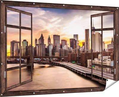 Gards Tuinposter Doorkijk Brooklyn Bridge Brug in New York - 180x120 cm - Tuindoek - Tuindecoratie - Wanddecoratie buiten - Tuinschilderij