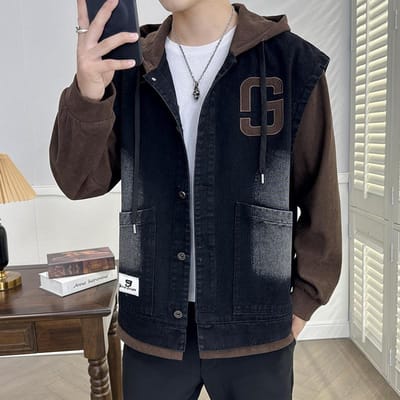 Veste en jean pour homme automne et hiver, décontractée quotidienne pour étudiants adolescents, fausse deux pièces à capuche en denim plus velours M black