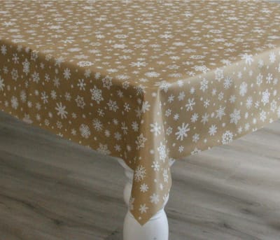 Kerst tafelzeil/tafelkleed goud met witte sneeuwvlokken print 140 x 180 cm - Kerstdiner tafeldecoratie - Kerst - Kerstdecoratie - Sneeuwvlokken