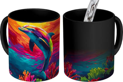 Magische Mok - Foto op Warmte Mokken - Koffiemok - Dolfijn - Kleurrijk - Oceaan - Koraal - Magic Mok - Beker - 350 ML - Theemok
