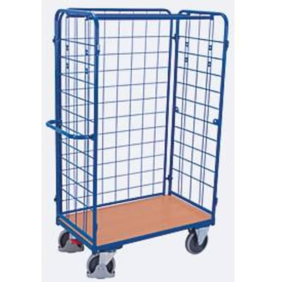 Driewandwagen, staal/MDF-plaat, decor gentiaanblauw/beuken, L 1200 x B 800 mm, max. belasting 1525 mm, inhaakbare zijwand, EasySTOP, tot 500 kg