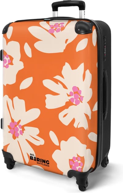 NoBoringSuitcases.com® - Reis koffer groot - Rolkoffer lichtgewicht - Reiskoffer met 4 wielen volwassenen - Oranje met beige bloemen - Travel luggage suitcase - Valies grote trolley XL - 20 kg bagage