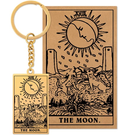 Tarot Sleutelanger XVIII: De Maan / The Moon - Op Cadeau Kaartje - Goudkleurig Stainless Steel - Grote Arcana uit Rider-Waite Geïnspireerd - Pax Amare