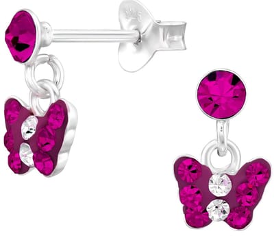 Joy|S - Zilveren vlinder oorbellen - bedel oorknoppen - fuchsia roze kristal