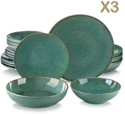 Ornate Bordenset – 48 delig -12 persoons – Groen Keramisch – Eetborden – Kleine Borden