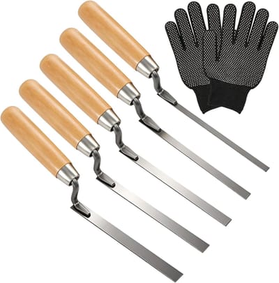 5-delige voegentroffel set voor metselaars, 6-15 mm, met houten handvat en handschoenen, ideaal voor cement, mortel en voegen van bakstenen, klinkers en tegels.