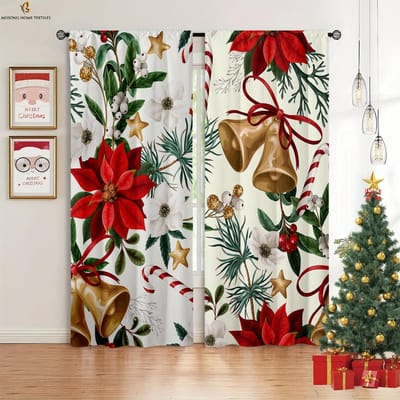 Glanzende Bal Rode Auto Kerstboom Cartoon Print Gordijn met Tunnel voor Gordijnroede Slaapkamer Eetkamer Vakantie Decoratief Gordijn 2 STUKS W50xH130(CM)x2PCS&Grommet Top gray
