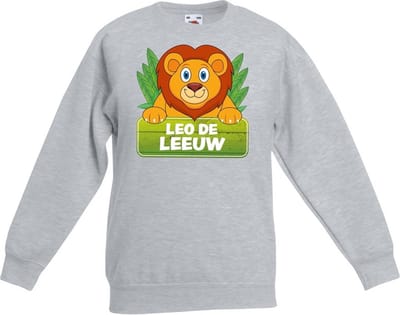 Bellatio Decorations Dieren sweater - Leo de leeuw - grijs - kinderen - trui - leeuwentrui - leeuwen trui - kinderkleding 98/104