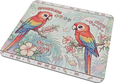 Kawaii Series Muismat Twee Schattige Papegaaien bij Waterval in Tropisch Regenwoud - Japanse Anime Stijl Ara Vogels met Macarons Rand - Leuke Muismat voor Thuiswerken en Gamen - Kleurrijk Cadeau voor haar: Vriendin & Collega - Bureau