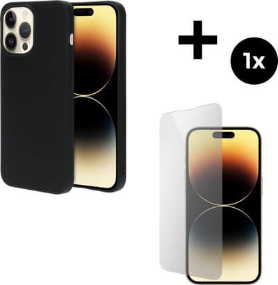 Mobiparts Silicone Cover hoesje geschikt voor Apple iPhone 14 Pro Max met 1 Screenprotector van Gehard Glas - Zwart